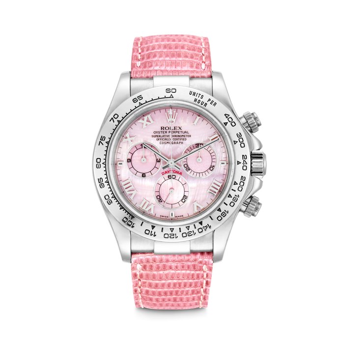ROLEX. AN ATTRACTIVE 18K WHITE GOLD AUTOMATIC CHRONOGRAPH WRISTWATCH WITH PINK MOTHER-OF-PEARL DIAL DAYTONA “BEACH” MODEL, REF. 116519, CASE NO. P868165, CIRCA 2003