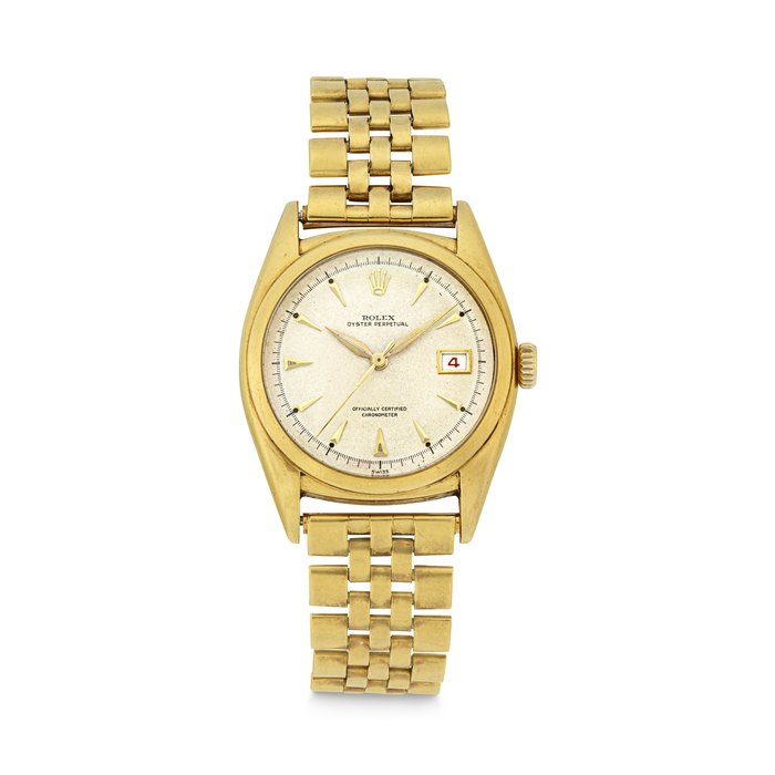ROLEX. A VERY RARE 18K GOLD AUTOMATIC WRISTWATCH WITH SWEEP CENTRE SECONDS, DATE AND BRACELET OYSTER PERPETUAL "BIG EGG" MODEL, REF. 6104, CASE NO. 898’288