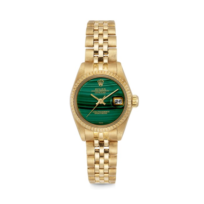 ROLEX. A LADY’S VERY RARE 18K GOLD AUTOMATIC WRISTWATCH WITH SWEEP CENTRE SECONDS, DATE, BRACELET AND MALACHITE DIAL LADY DATEJUST MODEL, REF. 6917, CASE NO. 7’986’499