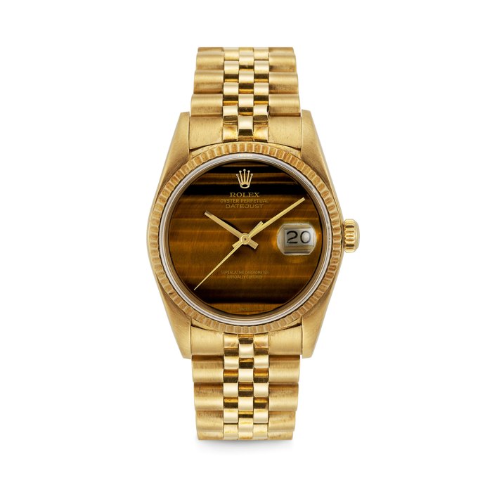 ROLEX. A RARE 18K GOLD AUTOMATIC WRISTWATCH WITH SWEEP CENTRE SECONDS, DATE, BRACELET AND TIGER’S EYE DIAL DATEJUST MODEL, REF. 16018, CASE NO. 9’666’028, CIRCA 1988