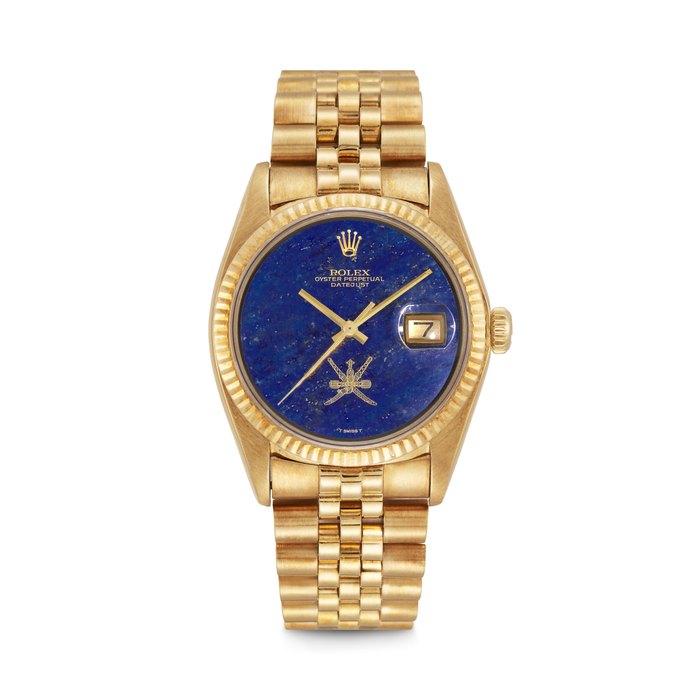 ROLEX. A VERY RARE 18K GOLD AUTOMATIC WRISTWATCH WITH SWEEP CENTRE SECONDS, DATE, BRACELET AND LAPIS LAZULI DIAL , MADE FOR THE SULTANATE OF OMAN DATEJUST MODEL, REF. 1601, CASE NO. 3’885’228