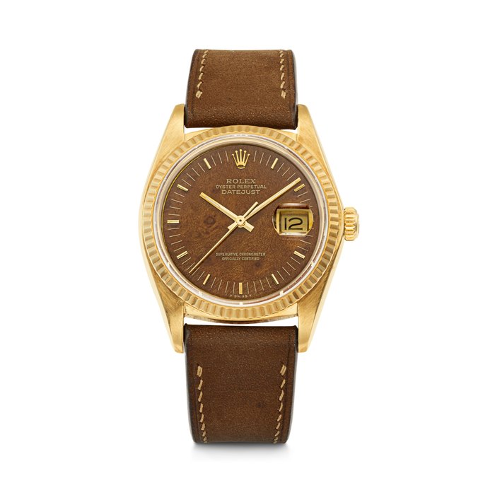 ROLEX. A RARE 18K GOLD AUTOMATIC WRISTWATCH WITH SWEEP CENTRE SECONDS, DATE AND WOOD DIAL DATEJUST MODEL, REF. 16018, CASE NO. 6’089’296