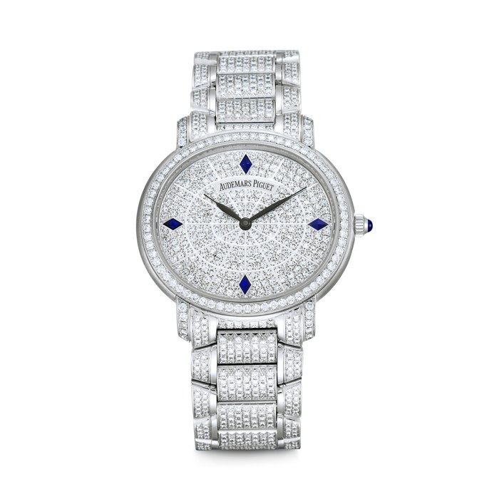 AUDEMARS PIGUET. AN ATTRACTIVE 18K WHITE GOLD, SAPPHIRE AND DIAMOND-SET AUTOMATIC WRISTWATCH WITH BRACELET MILLENARY MODEL, REF. 15107BC, CASE NO. E43208, CIRCA 2001