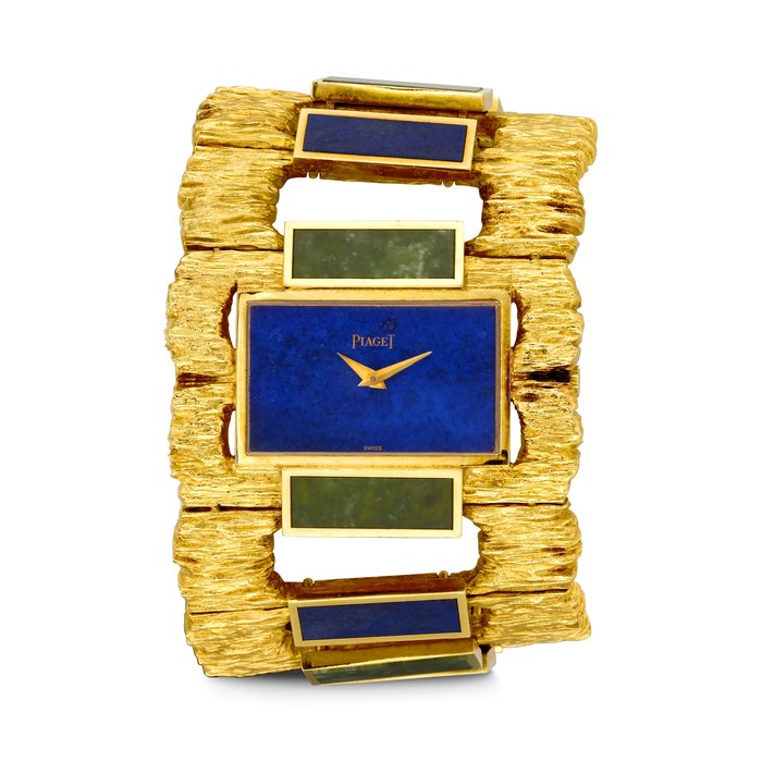 PIAGET. AN ATTRACTIVE 18K GOLD, LAPIS LAZULI AND JADEITE BRACELET WATCH REF. 9212 D 76, CASE NO. 173’830, MANUFACTURED IN 1969