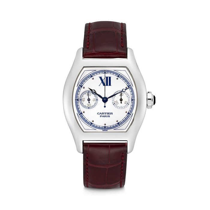 CARTIER. AN 18K WHITE GOLD TONNEAU SHAPED SINGLE BUTTON CHRONOGRAPH WRISTWATCH TORTUE MODEL, COLLECTION PRIVÉE CARTIER PARIS “CPCP”, REF. 2396, CASE NO. 0078CC