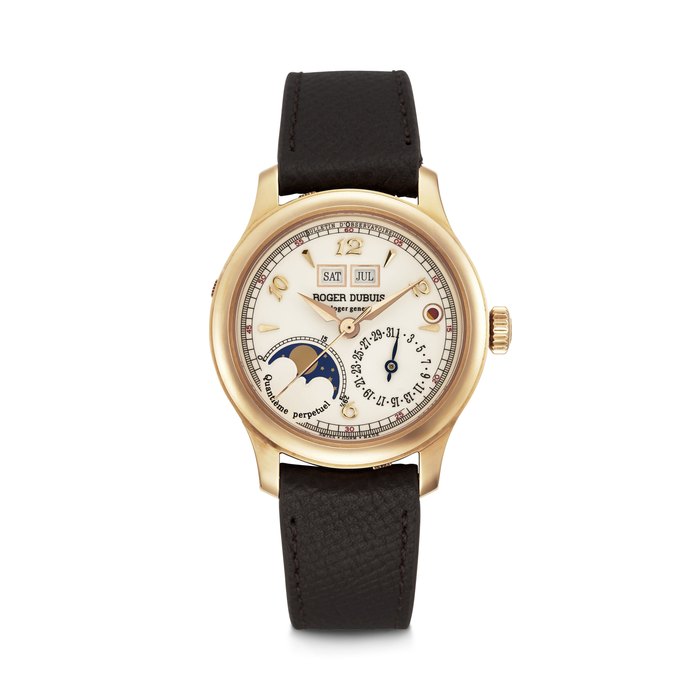 ROGER DUBUIS. A RARE 18K PINK GOLD LIMITED EDITION AUTOMATIC PERPETUAL CALENDAR WRISTWATCH WITH SWEEP CENTRE SECONDS, MOON PHASES AND LEAP YEAR INDICATION HOMMAGE QUANTIEME PERPETUAL MODEL, REF. H3457395, NO. 9⁄28, CASE NO. 196’396, CIRCA 2001