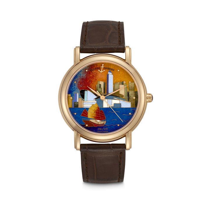 ULYSSE NARDIN. AN 18K GOLD LIMITED EDITION AUTOMATIC WRISTWATCH WITH SWEEP CENTRE SECONDS AND CLOISONNÉ ENAMEL DIAL SAN MARCO MODEL, CASE NO. 6⁄28