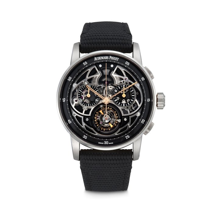 AUDEMARS PIGUET. A RARE 18K WHITE AND PINK GOLD LIMITED EDITION AUTOMATIC SEMI-SKELETONISED TOURBILLON AND FLYBACK CHRONOGRAPH WRISTWATCH CODE 11.59 MODEL, REF. 26399CR, CASE NO. JG9313L