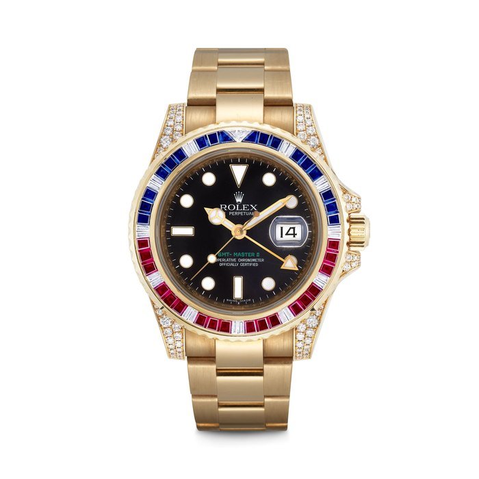 Rolex ROLEX. A RARE 18K GOLD, DIAMOND, SAPPHIRE AND RUBY-SET AUTOMATIC DUAL TIME WRISTWATCH WITH SWEEP CENTRE SECONDS, DATE AND BRACELET GMT-MASTER II MODEL, REF. 116758SARU, CASE NO. M386248, CIRCA 2010 · 116758SARU