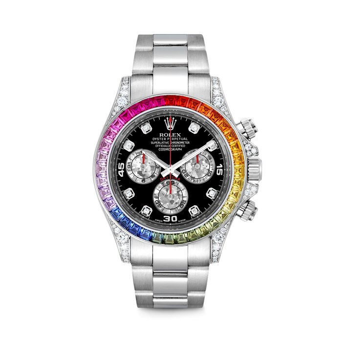ROLEX. A RARE AND IMPRESSIVE 18K WHITE GOLD, DIAMOND AND MULTI-COLOURED GEM-SET AUTOMATIC CHRONOGRAPH WATCH WITH BRACELET DAYTONA “RAINBOW” MODEL, REF. 116599RBOW, CASE NO. 837J86W2, CIRCA 2012