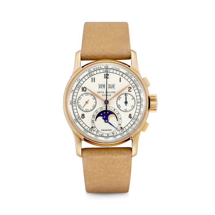 Patek Philippe PATEK PHILIPPE. AN EXCEPTIONAL AND LEGENDARY 18K PINK GOLD PERPETUAL CALENDAR CHRONOGRAPH WRISTWATCH WITH MOON PHASES AND FRENCH CALENDAR REF. 1518, ONLY KNOWN "FAB. SUISSE", MOVEMENT NO. 868'240, CASE NO. 674'152, MANUFACTURED IN 1951 · 1518