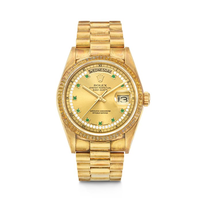 ROLEX, DIAMOND AND EMERALD-SET "STRING" DIAL DAY-DATE, REF. 18038 CASE NO. 9'195'752
