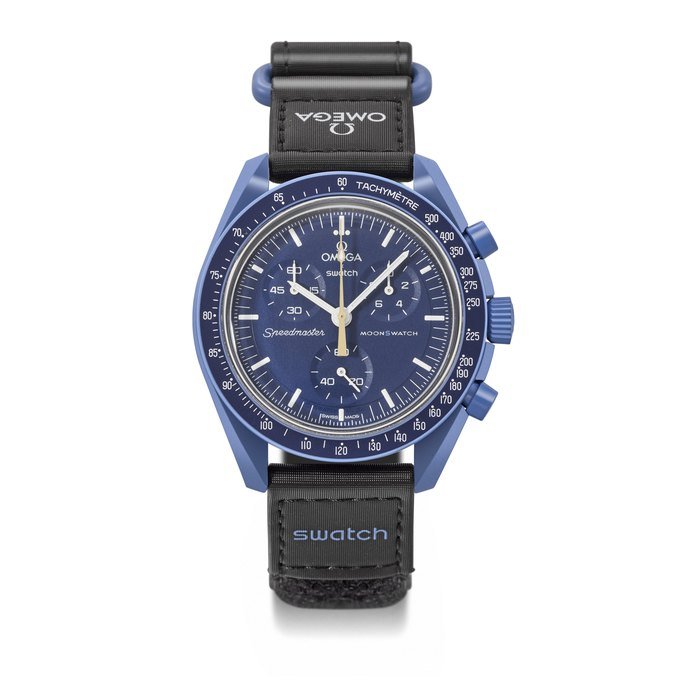 Omega X Swatch OMEGA X SWATCH. A UNIQUE AND HISTORIC ONE MILLIONTH BIOCERAMIC QUARTZ CHRONOGRAPH WRISTWATCH WITH THE SECONDS HAND COATED WITH OMEGA MOONSHINE™ GOLD SIGNED OMEGA X SWATCH, BIOCERAMIC MOONSWATCH MISSION TO NEPTUNE MODEL, NO. 1'000'000, CIRCA 2022