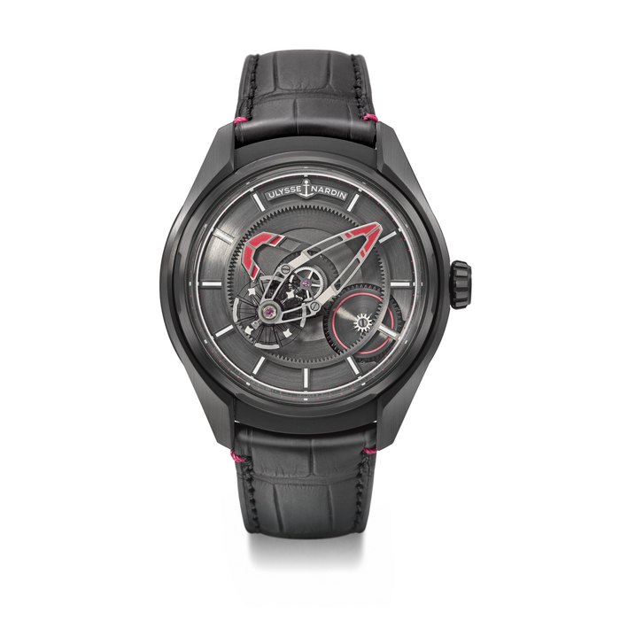 ULYSSE NARDIN. A UNIQUE AND HIGHLY ATTRACTIVE BLACK DLC-COATED TITANIUM AUTOMATIC WRISTWATCH WITH OVERSIZED SILICON OSCILLATOR, INSPIRED BY THE SIGNATURE COLOURS OF ELA SIGNED ULYSSE NARDIN, FREAK X MODEL, UNIQUE PIECE, REF. 2303-270LE-2A-ELA/1A, NO. 1⁄1, CIRCA 2024