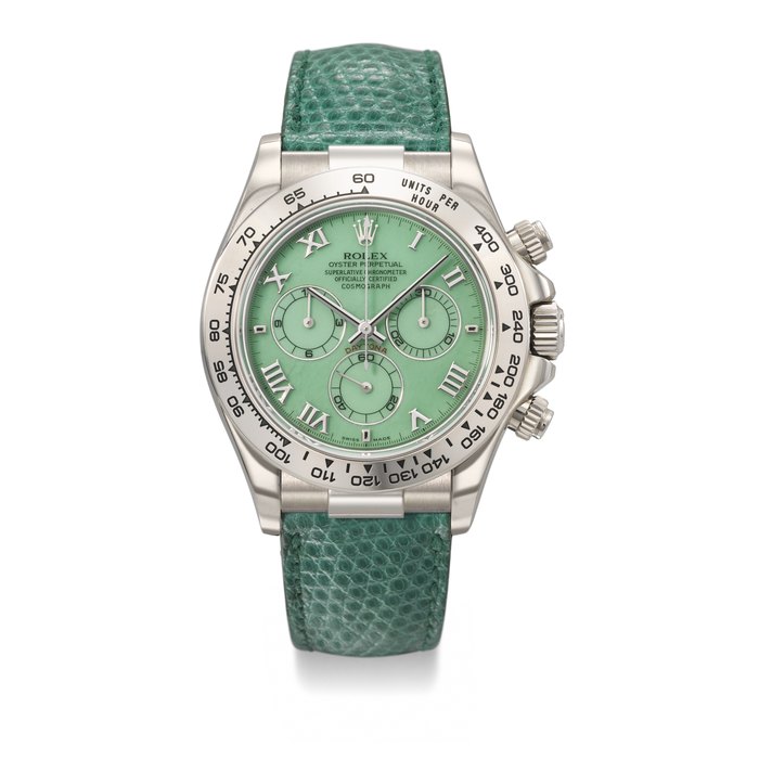 ROLEX. A RARE AND VIBRANT 18K WHITE GOLD AUTOMATIC CHRONOGRAPH WRISTWATCH WITH GREEN CHRYSOPRASE DIAL SIGNED ROLEX, DAYTONA 'BEACH' MODEL, REF. 116519, CASE NO. P455270, CIRCA 2000