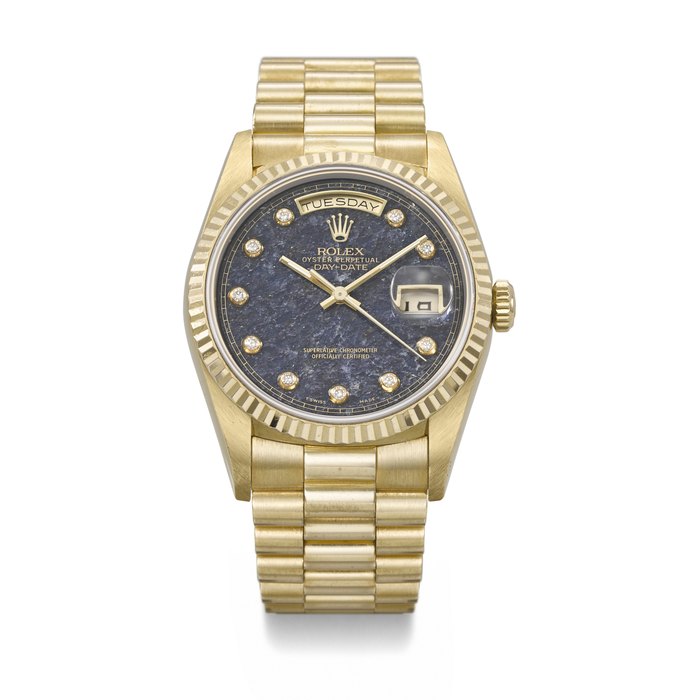 ROLEX. AN ATTRACTIVE 18K GOLD AND DIAMOND-SET AUTOMATIC WRISTWATCH WITH SWEEP CENTRE SECONDS, DAY, DATE, AVENTURINE DIAL AND BRACELET SIGNED ROLEX, DAY-DATE MODEL, REF. 18238, CASE NO. L704423, CIRCA 1989