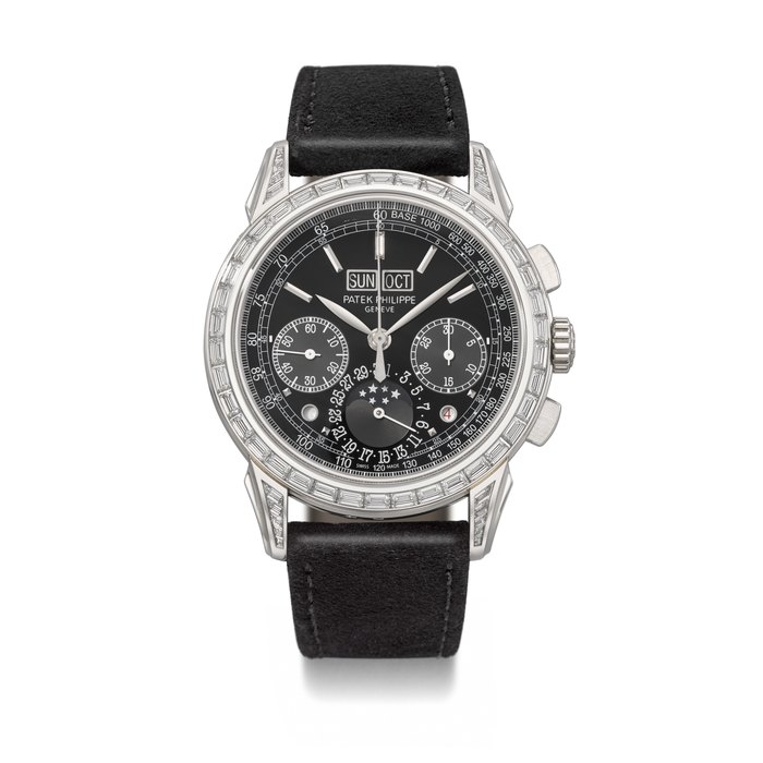 Patek Philippe PATEK PHILIPPE. AN EXTREMELY RARE AND HIGHLY IMPRESSIVE PLATINUM AND DIAMOND-SET PERPETUAL CALENDAR CHRONOGRAPH WRISTWATCH WITH MOON PHASES, LEAP YEAR AND DAY/NIGHT INDICATION SIGNED PATEK PHILIPPE, REF. 5271P-001, MOVEMENT NO. 5'864'072, CASE NO. 6'043'768, CIRCA 2015, Price & Market Data