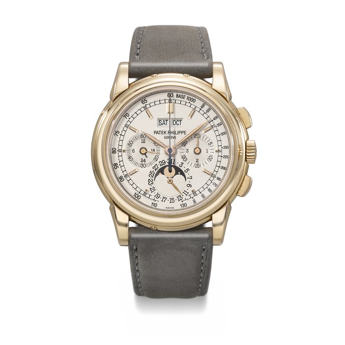 PATEK PHILIPPE. A VERY RARE AND COVETED 18K PINK GOLD PERPETUAL CALENDAR CHRONOGRAPH WRISTWATCH WITH MOON PHASES, 24 HOUR AND LEAP YEAR INDICATION SIGNED PATEK PHILIPPE, GENEVE, REF. 5970R-001, MOVEMENT NO. 3'047'412, CASE NO. 4'274'643, CIRCA 2005