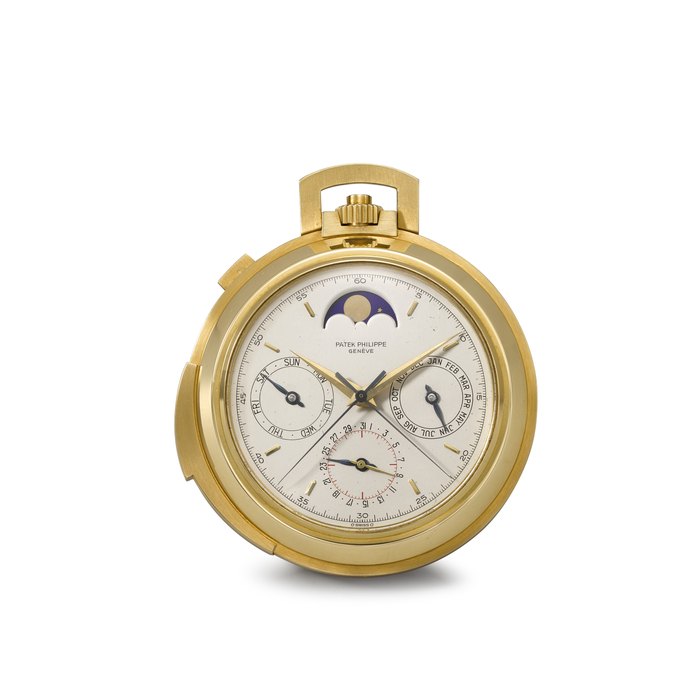 PATEK PHILIPPE. AN EXTREMELY RARE AND LARGE 18K GOLD OPENFACE MINUTE REPEATING PERPETUAL CALENDAR SPLIT SECONDS CHRONOGRAPH KEYLESS LEVER WATCH WITH MOON PHASES SIGNED PATEK PHILIPPE, MOVEMENT NO. 125'293, CASE NO.125'293, MANUFACTURED IN 1905