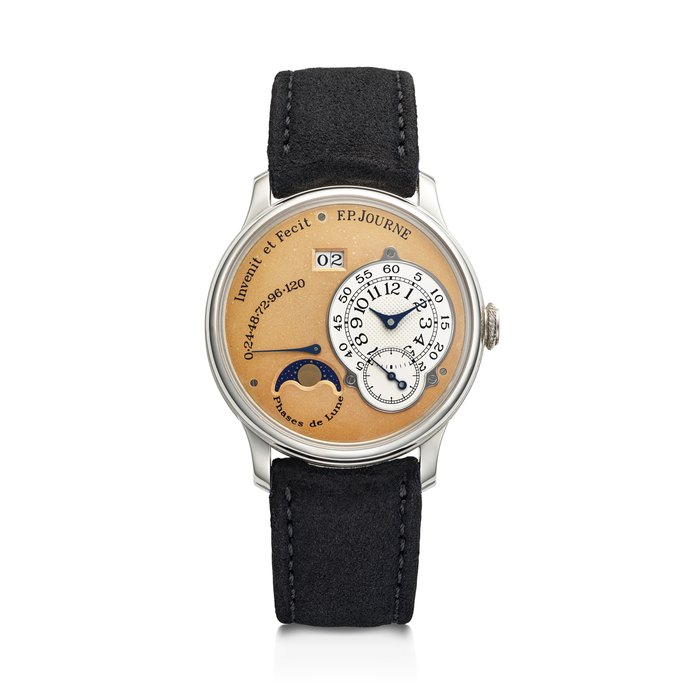 F.P. JOURNE. A VERY RARE, EARLY AND ATTRACTIVE PLATINUM AUTOMATIC WRISTWATCH WITH BRASS MOVEMENT, MOON PHASES, DATE AND POWER RESERVE SIGNED F.P. JOURNE, OCTA LUNE MODEL, CASE NO. 065-03L, CIRCA 2003