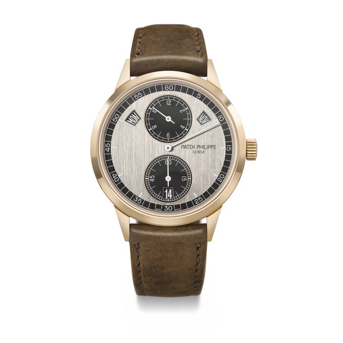 PATEK PHILIPPE. AN ATTRACTIVE 18K PINK GOLD AUTOMATIC ANNUAL CALENDAR WRISTWATCH WITH REGULATOR-STYLE DIAL SIGNED PATEK PHILIPPE, REF. 5235/50R-001, MOVEMENT NO. 7'335'590, CASE NO. 6'363'464, CIRCA 2021