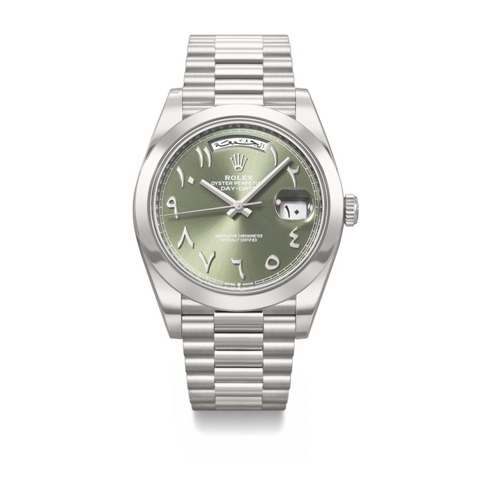ROLEX. AN EXTREMELY RARE AND HEAVY PLATINUM AUTOMATIC WRISTWATCH WITH SWEEP CENTRE SECONDS, ARABIC CALENDAR, EASTERN ARABIC NUMERALS AND BRACELET SIGNED ROLEX, DAY-DATE MODEL, REF. 228206, CASE NO. 1Y6597Y9, CIRCA 2024