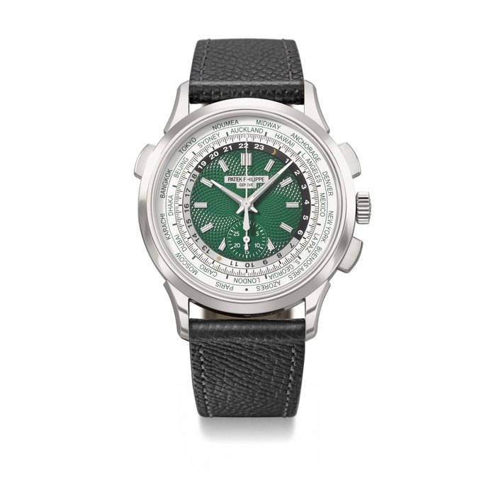 PATEK PHILIPPE. A RARE AND VIBRANT PLATINUM AUTOMATIC FLYBACK CHRONOGRAPH WORLD TIME WRISTWATCH SIGNED PATEK PHILIPPE, REF. 5930P-001, MOVEMENT NO. 7'316'524, CASE NO. 6'580'413, CIRCA 2022