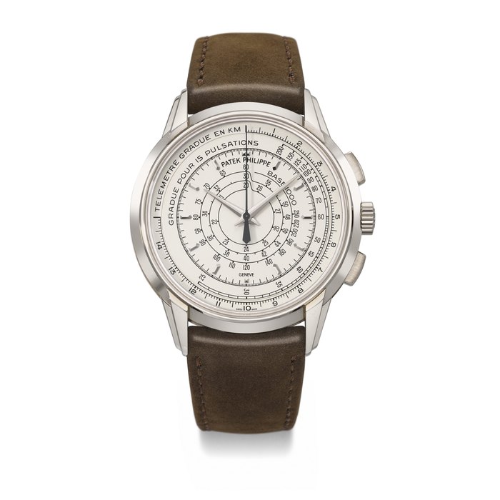 PATEK PHILIPPE. A RARE 18K WHITE GOLD LIMITED EDITION AUTOMATIC MULTI-SCALE CHRONOGRAPH WRISTWATCH, MADE TO COMMEMORATE THE 175TH ANNIVERSARY OF PATEK PHILIPPE IN 2014 SIGNED PATEK PHILIPPE, REF. 5975G-001, MOVEMENT NO. 5'906'795, CASE NO. 6'041'733, CIRCA 2016