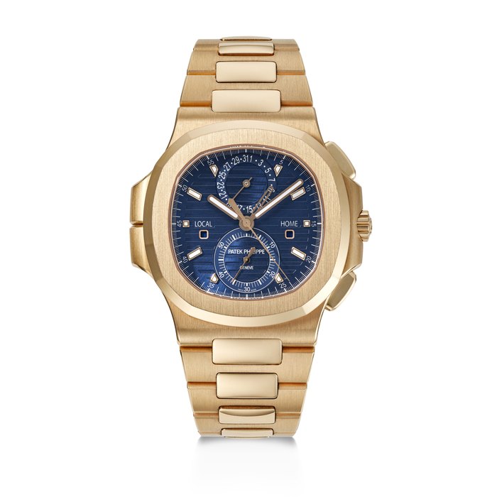 PATEK PHILIPPE, SOUGHT AFTER PINK GOLD FLYBACK CHRONOGRAPH DUAL TIME 'NAUTILUS', REF. 5990/1R-001 CASE NO. 6'573'266, MOVEMENT NO. 7'526'329