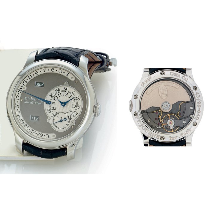 F. P. JOURNE. A FINE AND RARE LIMITED EDITION PLATINUM AUTOMATIC ANNUAL CALENDAR WRISTWATCH WITH RETROGRADE DATE AND RUTHENIUM MOVEMENT SIGNED F.P. JOURNE, INVENIT ET FECIT, OCTA CALENDRIER, NO. 43-04Q, CIRCA 2003