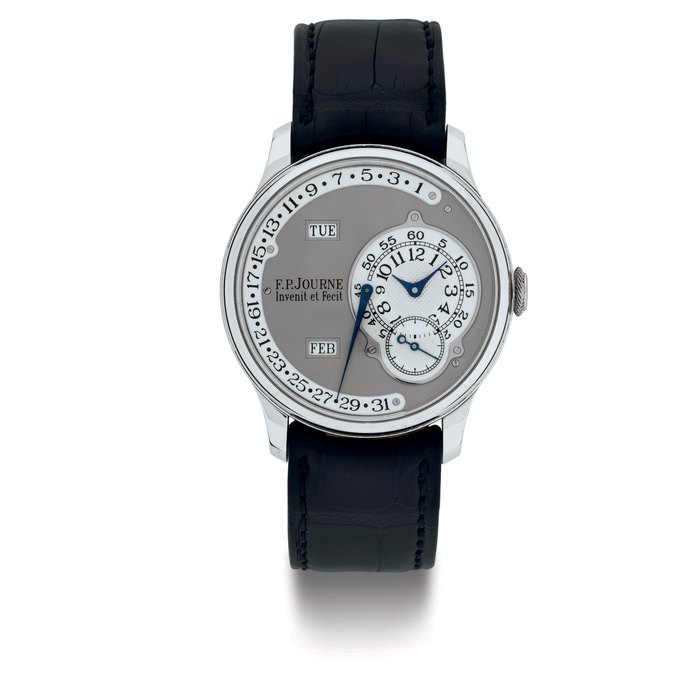 F. P. JOURNE. A FINE AND RARE PLATINUM AUTOMATIC ANNUAL CALENDAR WRISTWATCH WITH RETROGRADE DATE SIGNED F. P. JOURNE, INVENIT ET FECIT, OCTA CALENDRIER, NO. 213-Q, CIRCA 2008