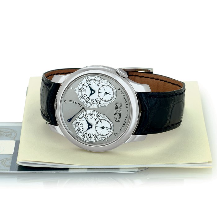 F.P. JOURNE. A VERY FINE AND RARE PLATINUM DUAL TIME CHRONOMETER WRISTWATCH WITH RESONANCE-CONTROLLED TWIN INDEPENDENT GEAR-TRAIN MOVEMENT AND POWER RESERVE SIGNED F.P. JOURNE, INVENIT ET FECIT, CHRONOMÈTRE A RESONANCE, NO. 130-RN, CIRCA 2006