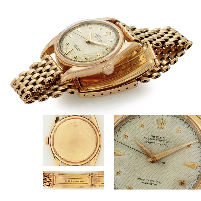 ROLEX. A FINE AND RARE 18K PINK GOLD AUTOMATIC BUBBLE BACK WRISTWATCH WITH CENTER SECONDS, HONEYCOMB DIAL AND STAR NUMERALS SIGNED ROLEX, OYSTER PERPETUAL, RETAILED BY SERPICO Y LAINO, CASE NO. 740036, REF. 6098, CIRCA 1950