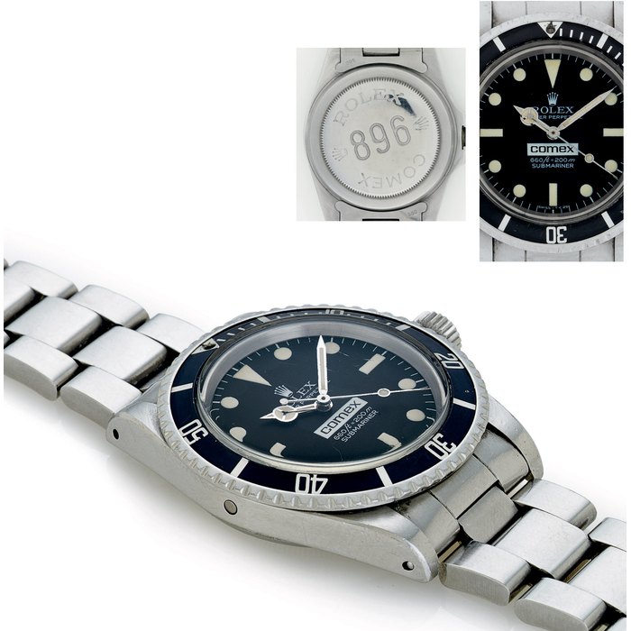 ROLEX. A FINE STAINLESS STEEL AUTOMATIC WRISTWATCH WITH CENTER SECONDS HACK FEATURE, HELIUM ESCAPE VALVE AND BRACELET SIGNED ROLEX, OYSTER PERPETUAL, COMEX, SUBMARINER, 660FT=200M, NO. 896, CASE NO. 5228362, REF. 5514, CIRCA 1977