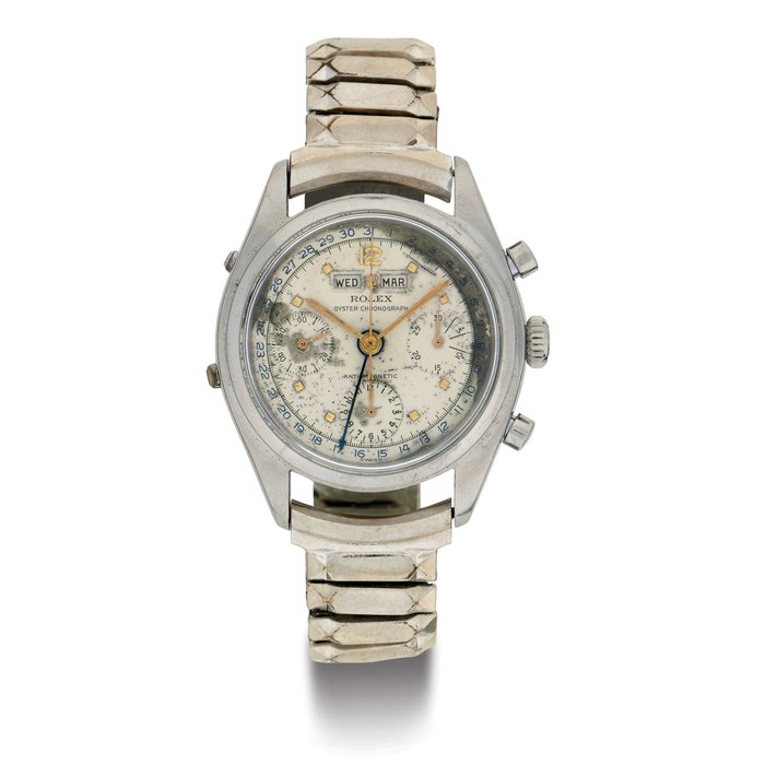 ROLEX. A FINE AND HISTORICALLY INTERESTING STAINLESS STEEL TRIPLE CALENDAR CHRONOGRAPH WRISTWATCH SIGNED ROLEX, OYSTER CHRONOGRAPH, ANTI-MAGNETIQUE, CASE NO. 917909, REF. 6036, CIRCA 1952
