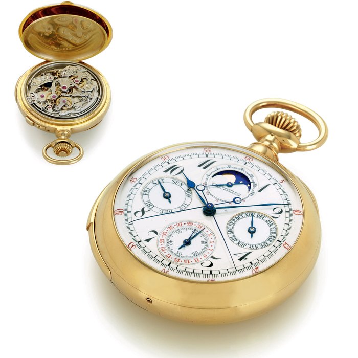 PATEK PHILIPPE. A VERY FINE AND RARE 18K GOLD OPENFACE MINUTE REPEATING PERPETUAL CALENDAR SPLIT-SECONDS CHRONOGRAPH KEYLESS LEVER POCKET WATCH WITH MOON PHASES SIGNED PATEK PHILIPPE & CIE, GENEVE, MOVEMENT NO. 174496, CASE NO. 401506, MANUFACTURED IN 1915