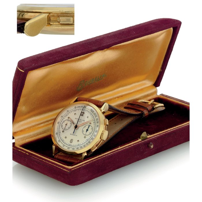PATEK PHILIPPE. A FINE AND RARE 18K GOLD CHRONOGRAPH WRISTWATCH WITH TACHOMETER SCALE SIGNED PATEK PHILIPPE, GENEVE, RETAILED BY GÜBELIN, MOVEMENT NO. 868210, CASE NO. 668574, REF. 1579, MANUFACTURED IN 1951