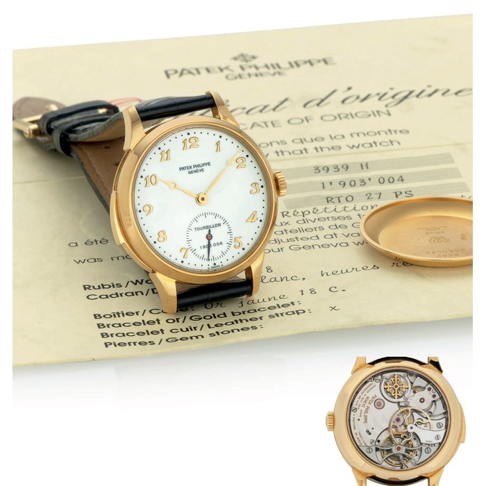 PATEK PHILIPPE. A VERY FINE AND RARE 18K GOLD MINUTE REPEATING TOURBILLON WRISTWATCH WITH ENAMEL DIAL, BREGUET NUMERALS ORIGINAL CERTIFICATE AND ADDITIONAL GOLD CASE BACK SIGNED PATEK PHILIPPE, MOVEMENT NO. 1903004, CASE NO. 2900806, REF. 3939H, MANUFACTURED IN 1992