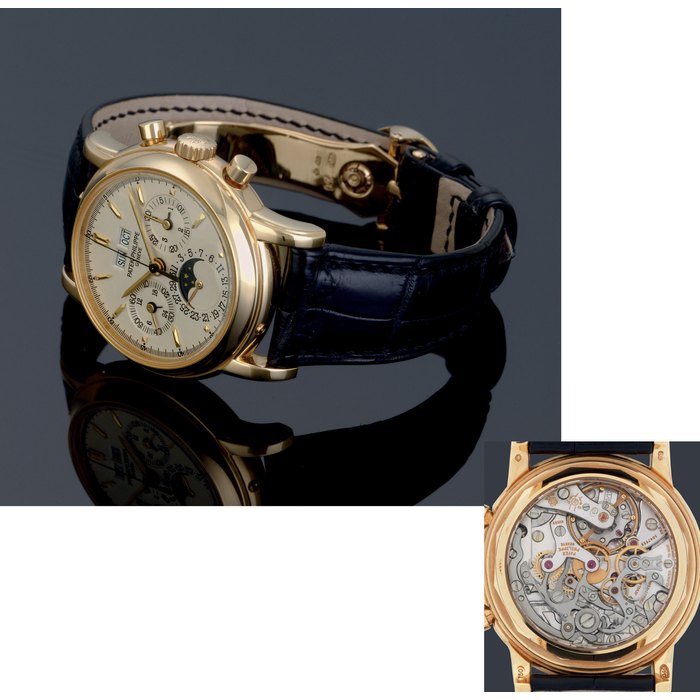 PATEK PHILIPPE. A FINE AND RARE 18K GOLD PERPETUAL CALENDAR CHRONOGRAPH WRISTWATCH WITH MOON PHASES SIGNED PATEK PHILIPPE, GENEVE, MOVEMENT NO. 3047555, CASE NO. 4131121, REF. 3970E, CIRCA 2005