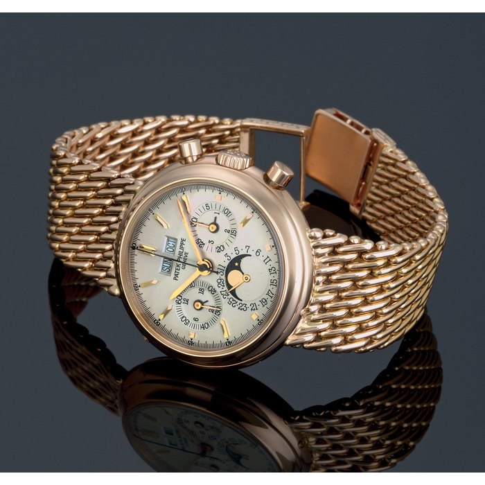 PATEK PHILIPPE. A FINE AND RARE 18K PINK GOLD PERPETUAL CALENDAR CHRONOGRAPH BRACELET WATCH SIGNED PATEK PHILIPPE, GENEVE, MOVEMENT NO. 3045098, CASE NO. 2870024, REF. 3970/2, MANUFACTURED IN 1994
