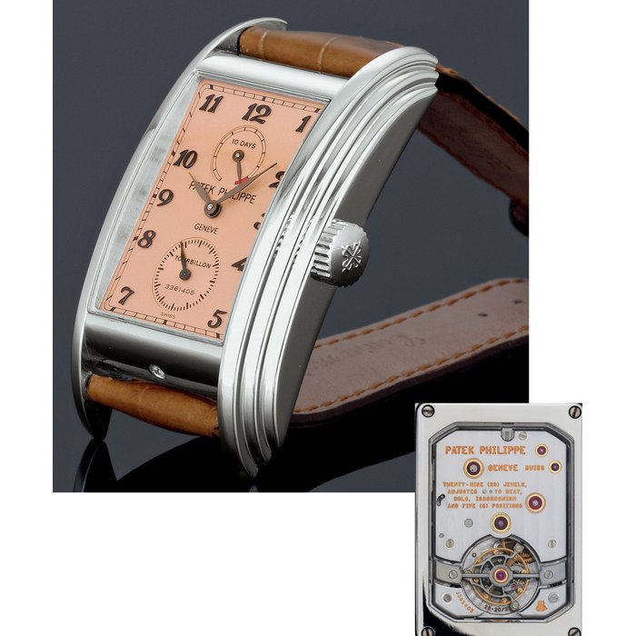 PATEK PHILIPPE. AN EXTREMELY FINE AND RARE PLATINUM RECTANGULAR CHRONOMETER TOURBILLON WRISTWATCH WITH 10-DAY POWER RESERVE, ORIGINAL CERTIFICATE AND BOX SIGNED PATEK PHILIPPE, GENEVE, 10-DAYS, TOURBILLON, MOVEMENT NO. 3361405, CASE NO. 4431642, REF. 5101, CIRCA 2008