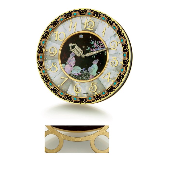 CARTIER. A FINE AND RARE 18K GOLD, DIAMOND, TURQUOISE, ENAMEL AND MOTHER-OF-PEARL ART DECO DESK CLOCK SIGNED CARTIER, MOVEMENT SIGNED EUROPEAN WATCH AND CLOCK CO. INC., CASE NO. 0485 613 1438, MANUFACTURED IN 1926