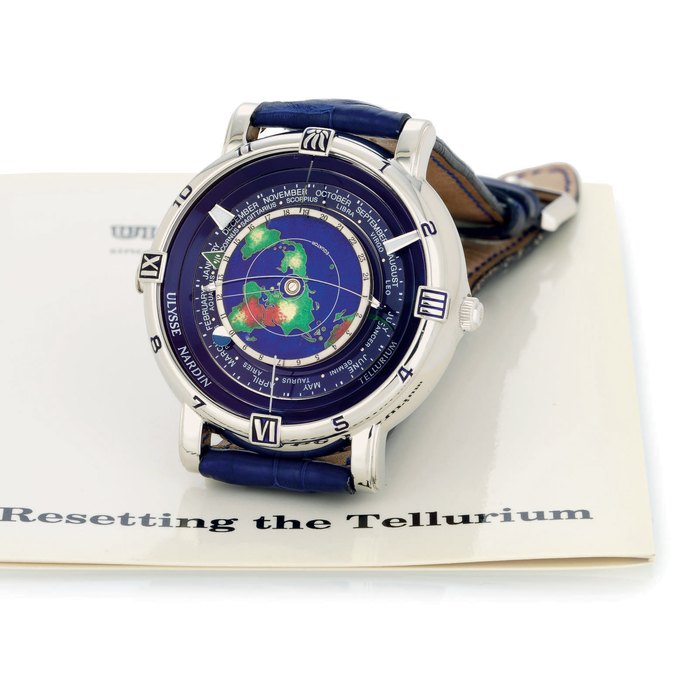ULYSSE NARDIN. A FINE AND RARE LIMITED EDITION PLATINUM AUTOMATIC DUAL TIME ASTRONOMICAL WRISTWATCH SIGNED ULYSSE NARDIN,, NO. 76/99, TELLURIUM JOHANNES KEPLER MODEL, REF. 889-99 CIRCA 1995