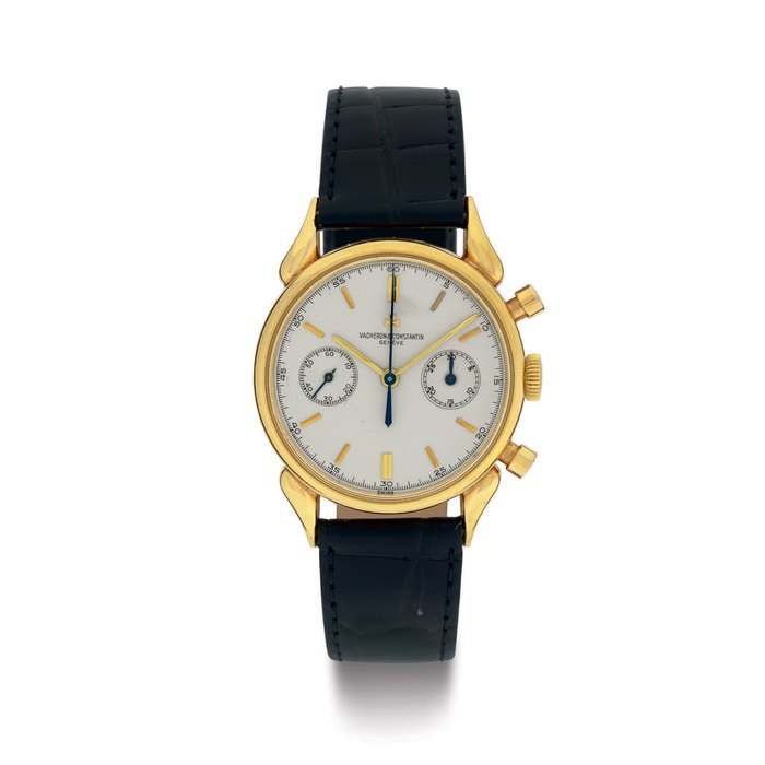 VACHERON CONSTANTIN. A RARE 18K GOLD WATER-RESISTANT CHRONOGRAPH WRISTWATCH WITH UNUSUAL LUGS SIGNED VACHERON & CONSTANTIN, GENEVA, CORNES DE VACHES , MOVEMENT NO. 470084, CASE NO. 373268, REF. 6087, MANUFACTURED IN 1960