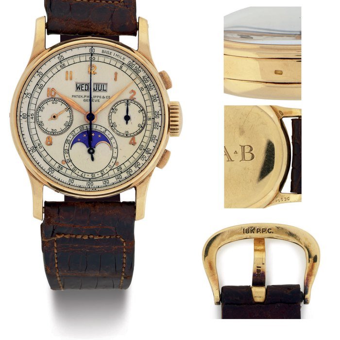 Patek Philippe PATEK PHILIPPE. AN EXTREMELY RARE AND FINE 18K GOLD PERPETUAL CALENDAR CHRONOGRAPH WRISTWATCH WITH MOON PHASES, ORIGINAL STRAP AND BUCKLE SIGNED PATEK PHILIPPE & CO., GENEVE, RETAILED BY CARTIER, MOVEMENT NO. 863464, CASE NO. 636421, REF. 1518, CARTIER REFERENCE NO. 15536, MANUFACTURED IN 1944 · 1518