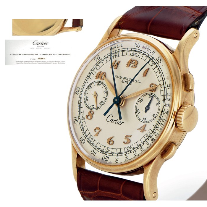 PATEK PHILIPPE. AN EXTREMELY RARE AND FINE 18K GOLD SPLIT-SECONDS CHRONOGRAPH WRISTWATCH WITH BREGUET NUMERALS SIGNED PATEK PHILIPPE, GENEVE, RETAILED BY CARTIER, MOVEMENT NO. 862278, CASE NO. 621870, REF. 1436, CARTIER REFERENCE NO. 5877, MANUFACTURED IN 1939