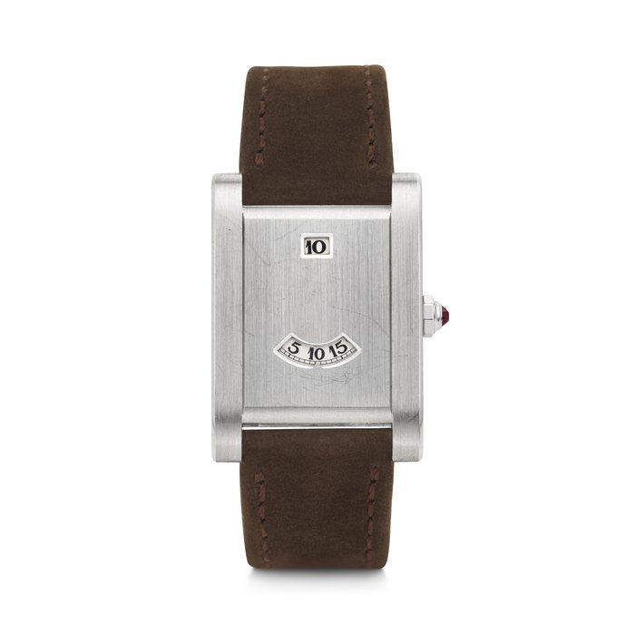 CARTIER. A HIGHLY RARE AND COVETED PLATINUM LIMITED EDITION J UMPING HOUR WRISTWATCH WITH WANDERING MINUTES , MADE TO COMMEMORATE THE 150TH ANNIVERSARY OF CARTIER TANK À GUICHETS MODEL, REF. W1523451, 2817, CASE NO. 65⁄150, CIRCA 1997