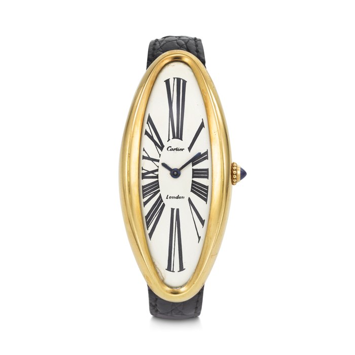 CARTIER. A SUPREMELY RARE AND REMARKABLE 18K GOLD LARGE CURVED WRISTWATCH WITH CARTIER LONDON BUCKLE CARTIER LONDON BAIGNOIRE ALLONGÉE MODEL, LECOULTRE MOVEMENT NO. 2'060'393, CASE NO. 9475 WITH LONDON HALLMARKS FOR 1970, BUCKLE WITH LONDON HALLMARKS FOR 1970