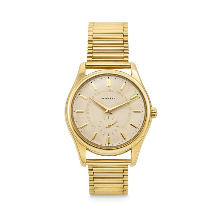 PATEK PHILIPPE. A HISTORICALLY IMPORTANT, SUPREMELY RARE, AND EARLY 18K GOLD AUTOMATIC WRISTWATCH WITH 'GOLDEN RULE' DIAL AND BRACELET, RETAILED BY TIFFANY & CO. FOR U.S. PRESIDENT LYNDON B. JOHNSON CALATRAVA 'DUO' MODEL, RETAILED BY TIFFANY & CO., REF. 2526, MOVEMENT NO. 760'012, CASE NO. 674'933, MANUFACTURED IN 1952
