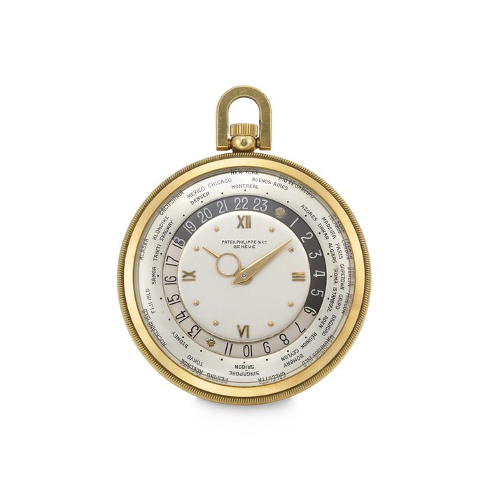 PATEK PHILIPPE. AN EXTREMELY RARE, ELEGANT AND EARLY 18K GOLD WORLD TIME KEYLESS LEVER OPEN-FACE WATCH WITH HAND-ENGRAVED SUN AND MOON 24-HOUR RING HEURE UNIVERSELLE MODEL, REF. 605 HU, MOVEMENT NO. 930'361, CASE NO. 636'400, MANUFACTURED IN 1943
